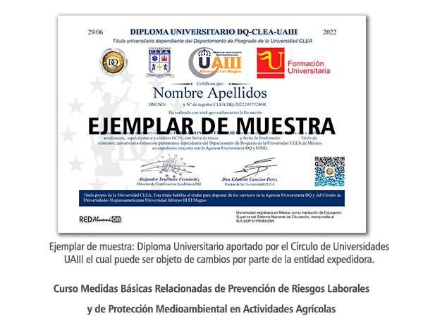 Diploma Universitario Medidas Prevención de Riesgos Laborales y de Protección Medioambiental en Actividades Agrícolas Formación Universitaria