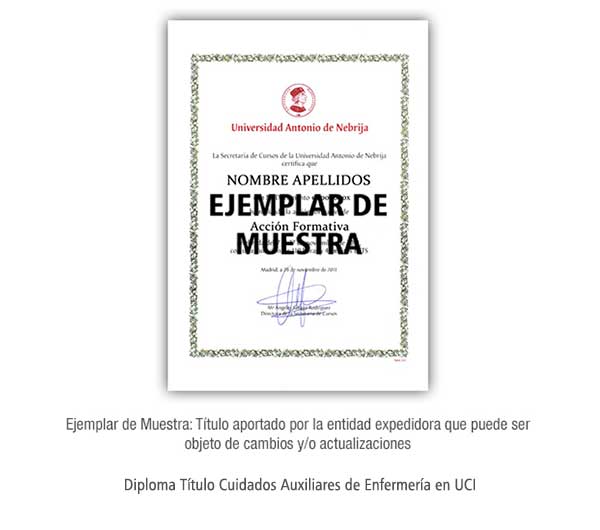 Diploma Título Cuidados Auxiliares de Enfermería en UCI acreditado por la Universidad Nebrija Formación Universitaria