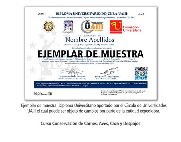 Diploma Universitario Conservación de Carnes, Aves, Caza y Despojos Formación Universitaria