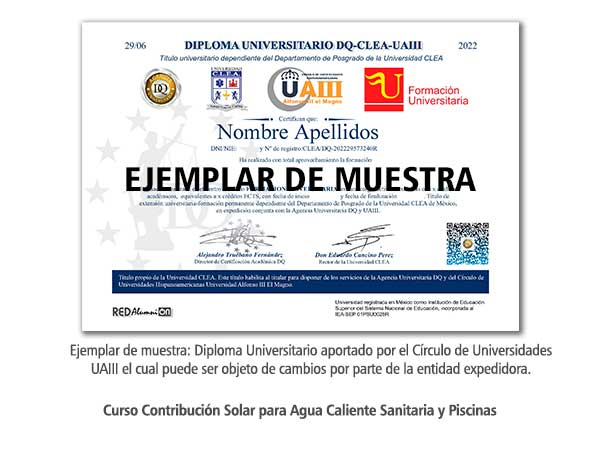 Diploma Univeritario Contribución Solar para Agua Caliente Sanitaria y Piscinas Formación Universitaria