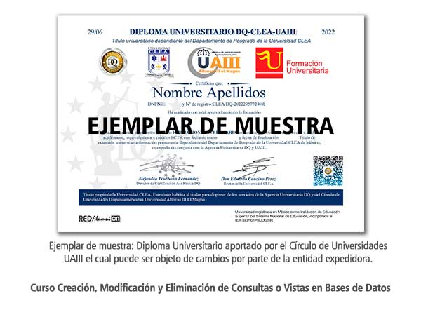 Diploma Universitario Creación, Modificación y Eliminación de Consultas o Vistas en Bases de Datos Formación Universitaria