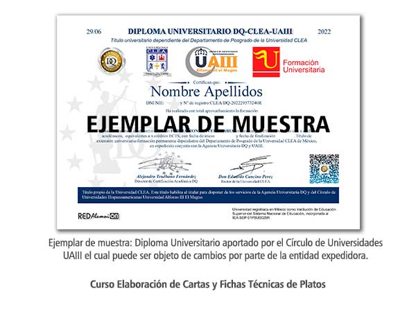 Diploma Universitario Elaboración de Cartas y Fichas Técnicas de Platos Formación Universitaria