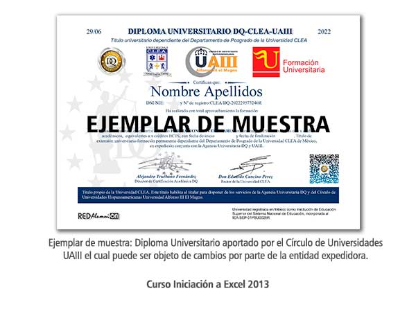 Diploma Universitario Iniciación a Excel 2013 Formación Universitaria