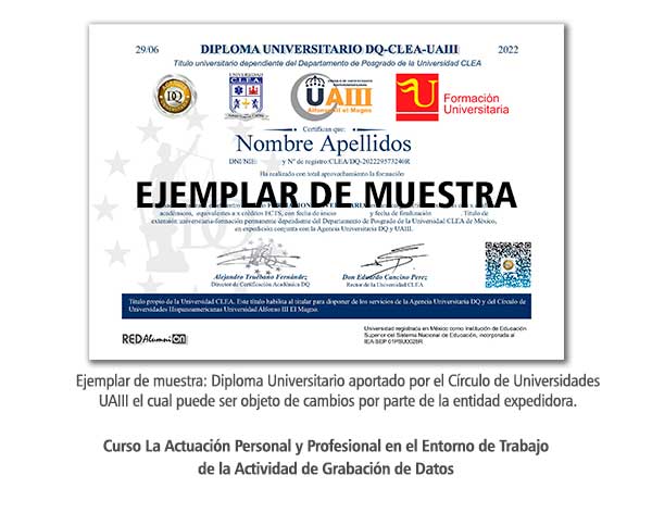 Diploma Universitario La Actuación Personal y Profesional en el Entorno de Trabajo de la Actividad de Grabación de Datos Formación Universitaria