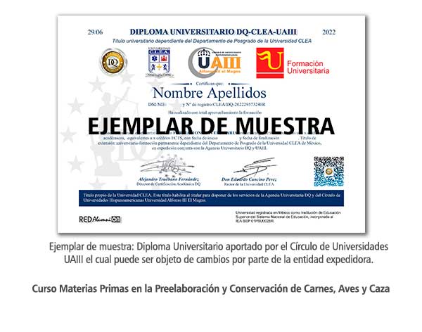 Diploma Universitario Materias Primas en la Preelaboración y Conservación de Carnes, Aves y Caza Formación Universitaria
