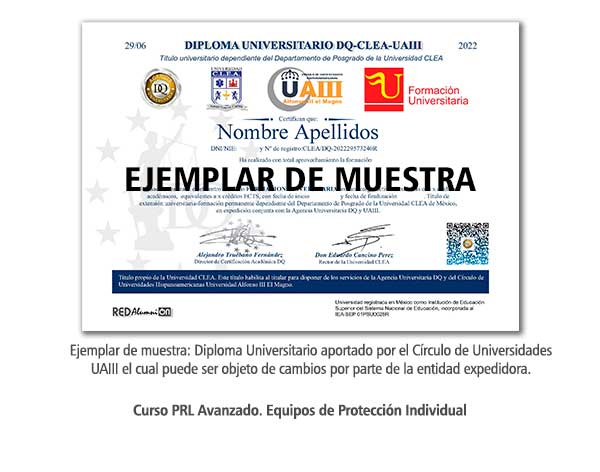 Diploma Universitario PRL Avanzado. Equipos de Protección Individual Formación Universitaria