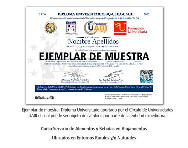 Diploma Universitario Servicio de Alimentos y Bebidas en Alojamientos Ubicados en Entornos Rurales y/o Naturales Formación Universitaria